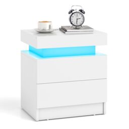 Gymax LED Nightstand Faux Marble End Table Bedside Table With 2 Drawers in White