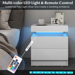 Gymax LED Nightstand Faux Marble End Table Bedside Table With 2 Drawers in White - thumbnail 3