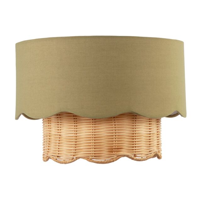 Happy Homewares Dark Olive Linen Fabric & Natural Rattan Scallop Pendant Lamp Shade - image 1