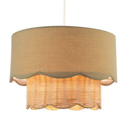 Happy Homewares Dark Olive Linen Fabric & Natural Rattan Scallop Pendant Lamp Shade - thumbnail 2