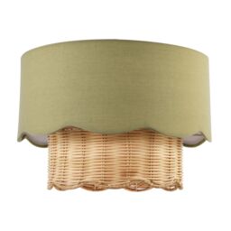 Happy Homewares Dark Olive Linen Fabric & Natural Rattan Scallop Pendant Lamp Shade - thumbnail 3
