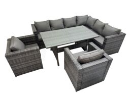 Fimous 8 Seater Patio Dining Corner Sofa Sets with 2 Chairs Dark Grey Mixed - thumbnail 1