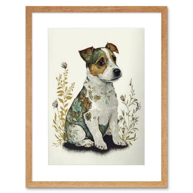 "Artery8 Wall Art Print Cute Jack Russell Dog Puppy & Flower Patterns Colour Pencil Artwork Framed 9X7 Inch in Beige - Size: W7"" x H9""" - image 1
