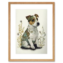"Artery8 Wall Art Print Cute Jack Russell Dog Puppy & Flower Patterns Colour Pencil Artwork Framed 9X7 Inch in Beige - Size: W7"" x H9""" - thumbnail 1