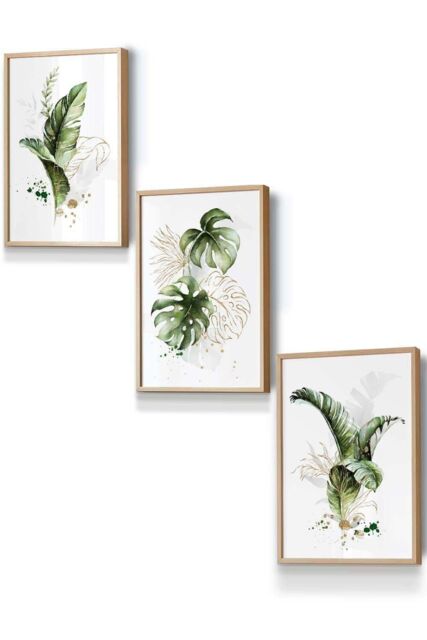 ARTZE Framed Green & Gold Botanical Leaves Framed Wall Art - Small in Light Oak - Size: W33 cm x H45 cm x D20mm - image 1