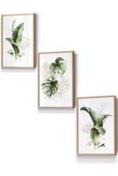 ARTZE Framed Green & Gold Botanical Leaves Framed Wall Art - Small in Light Oak - Size: W33 cm x H45 cm x D20mm