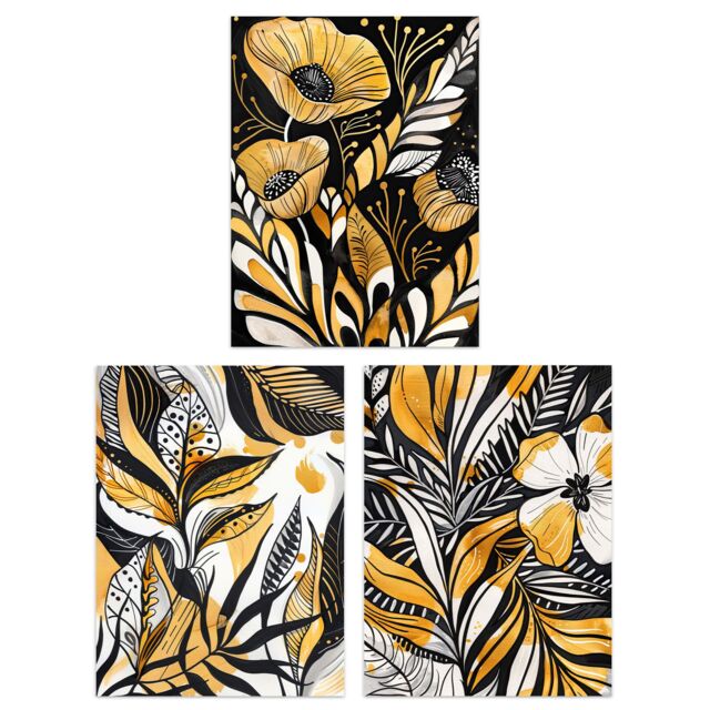 "Artery8 Set of 3 Elegant Gold Black Floral Botanical 12X16"" Wall Art Prints - Size: W12"" x H16""" - image 1