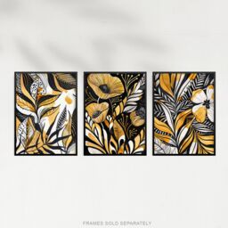 "Artery8 Set of 3 Elegant Gold Black Floral Botanical 12X16"" Wall Art Prints - Size: W12"" x H16""" - thumbnail 5
