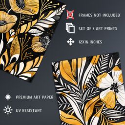 "Artery8 Set of 3 Elegant Gold Black Floral Botanical 12X16"" Wall Art Prints - Size: W12"" x H16""" - thumbnail 4