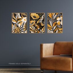 "Artery8 Set of 3 Elegant Gold Black Floral Botanical 12X16"" Wall Art Prints - Size: W12"" x H16""" - thumbnail 2