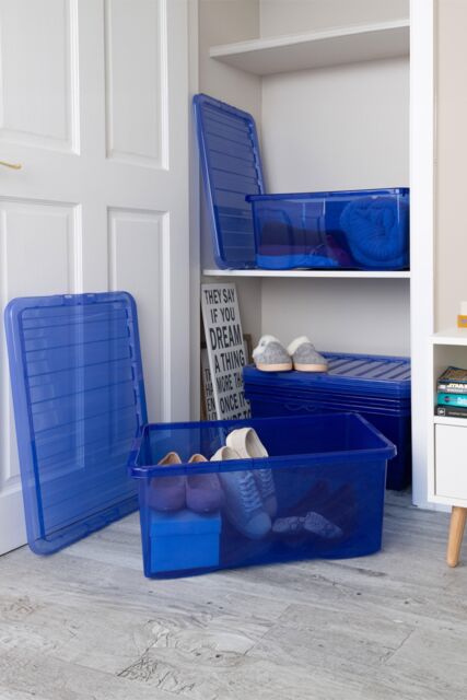 Wham Crystal 5 x 45L Stackable Plastic Storage Boxes with Lids in Blue - image 1