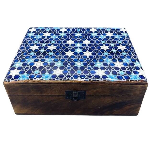 Serenityy Large Ceramic Glazed Wood Box 20x15x7.5cm Blue Stars - image 1