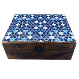 Serenityy Large Ceramic Glazed Wood Box 20x15x7.5cm Blue Stars