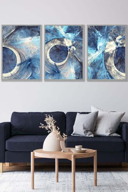 ARTZE Set of 3 Light Grey Framed Abstract Blue & Cream Mixed Media Fractal Wall Art - Size: W33 cm x H45 cm x D20mm - image 1