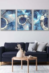 ARTZE Set of 3 Light Grey Framed Abstract Blue & Cream Mixed Media Fractal Wall Art - Size: W33 cm x H45 cm x D20mm