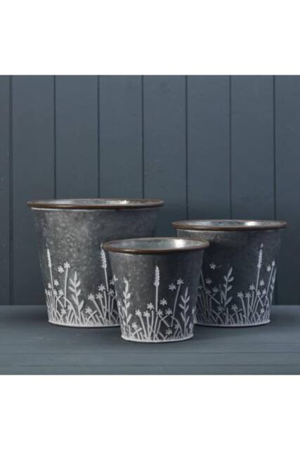 KDMD Set of Three Rustic metal planters with Meadow design in Grey - image 1