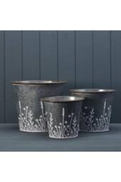 KDMD Set of Three Rustic metal planters with Meadow design in Grey