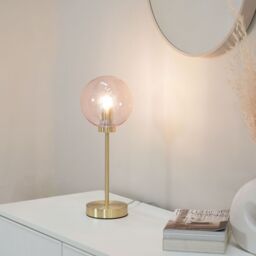 ValueLights Frenchie Pink Tinted Glass Globe Gold Stem Table Lamp