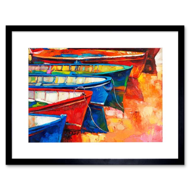 "Artery8 Wall Art Print Boats & Pier Painting Art Framed 9x7 inch in Black - Size: W7"" x H9""" - image 1