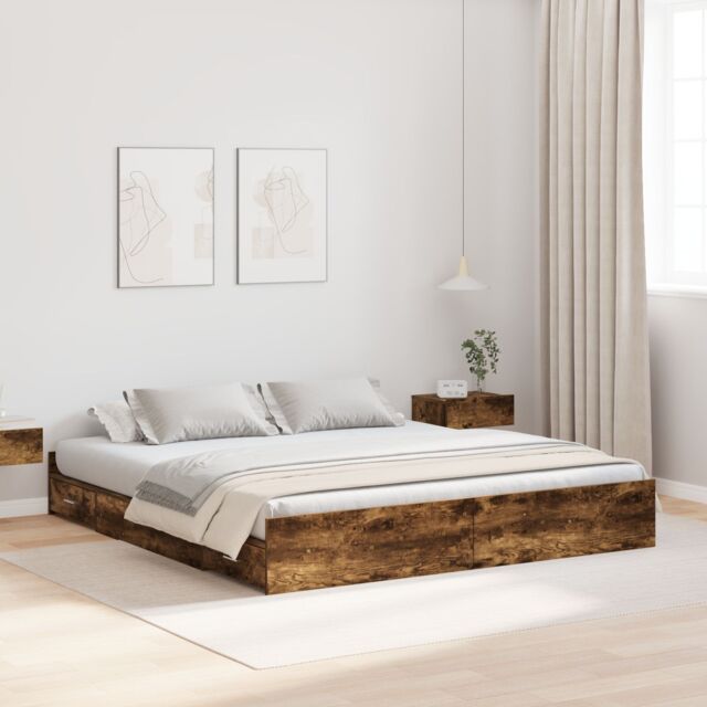 Berkfield Home Storage Bed Frame with Drawer with Headboard with Storage Smoked oak 200 x 200 cm in Brown - image 1