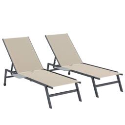OUTSUNNY Sun Loungers for Garden Set of 2 with Side Tray Table in Khaki - Size: 190 cm x 60 cm - thumbnail 2