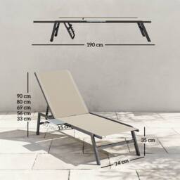 OUTSUNNY Sun Loungers for Garden Set of 2 with Side Tray Table in Khaki - Size: 190 cm x 60 cm - thumbnail 3