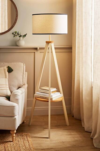 ValueLights Morrigan Painted Cream Tripod Floor Lamp with Linen Drum Lamp Shade in Natural - image 1