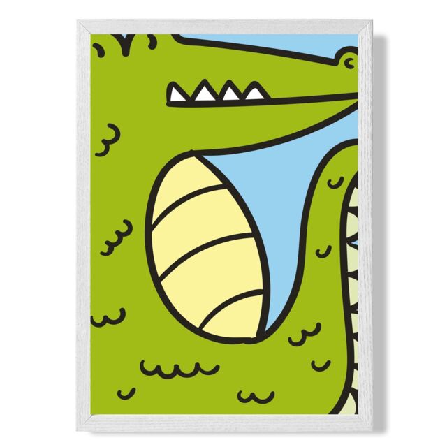 ARTZE Cute Cartoon Style Crocodile Framed Print SIZE: A4 with White Frame in Bright Green - image 1