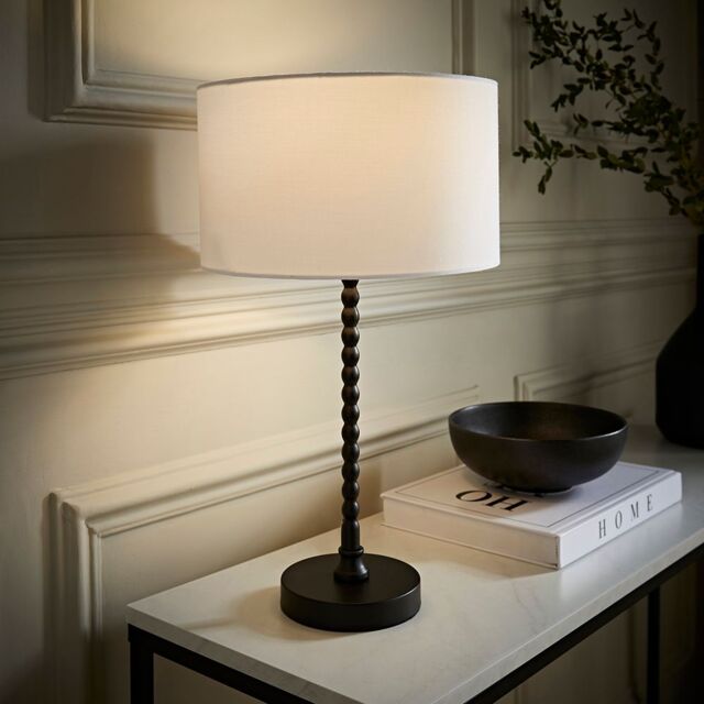 ValueLights Maeve Fabric Drum Lamp Shade Matte Black Bobbin Bobble Table Lamp with LED Bulb in White - image 1