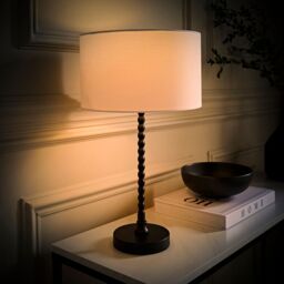 ValueLights Maeve Fabric Drum Lamp Shade Matte Black Bobbin Bobble Table Lamp with LED Bulb in White - thumbnail 3