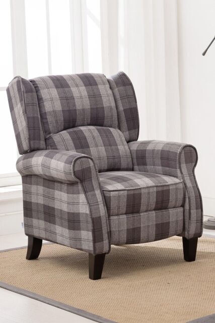 More4Homes Eaton Wing Back Fireside Checkered Fabric Pushback Recliner Chair in Charcoal - image 1