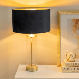 ValueLights Balan Glass with Gold Table Lamp & Velvet with Gold Inner Shade & LED Bulb in Black