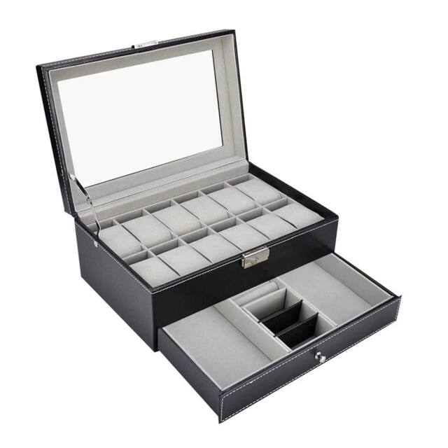 VOGREX Leather Watch Box 12 Grids Glass Display Jewelry Storage Holder in Black - image 1