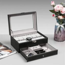 VOGREX Leather Watch Box 12 Grids Glass Display Jewelry Storage Holder in Black - thumbnail 6
