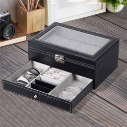 VOGREX Leather Watch Box 12 Grids Glass Display Jewelry Storage Holder in Black - thumbnail 5