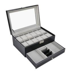 VOGREX Leather Watch Box 12 Grids Glass Display Jewelry Storage Holder in Black - thumbnail 1