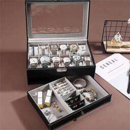 VOGREX Leather Watch Box 12 Grids Glass Display Jewelry Storage Holder in Black - thumbnail 3