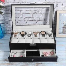 VOGREX Leather Watch Box 12 Grids Glass Display Jewelry Storage Holder in Black - thumbnail 4