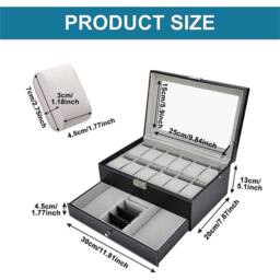 VOGREX Leather Watch Box 12 Grids Glass Display Jewelry Storage Holder in Black - thumbnail 2
