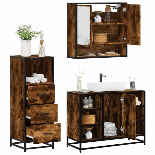 Berkfield Home 3 Piece Bathroom Furniture Set Smoked Oak Engineered Wood in Brown - image 1