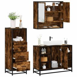 Berkfield Home 3 Piece Bathroom Furniture Set Smoked Oak Engineered Wood in Brown - thumbnail 1