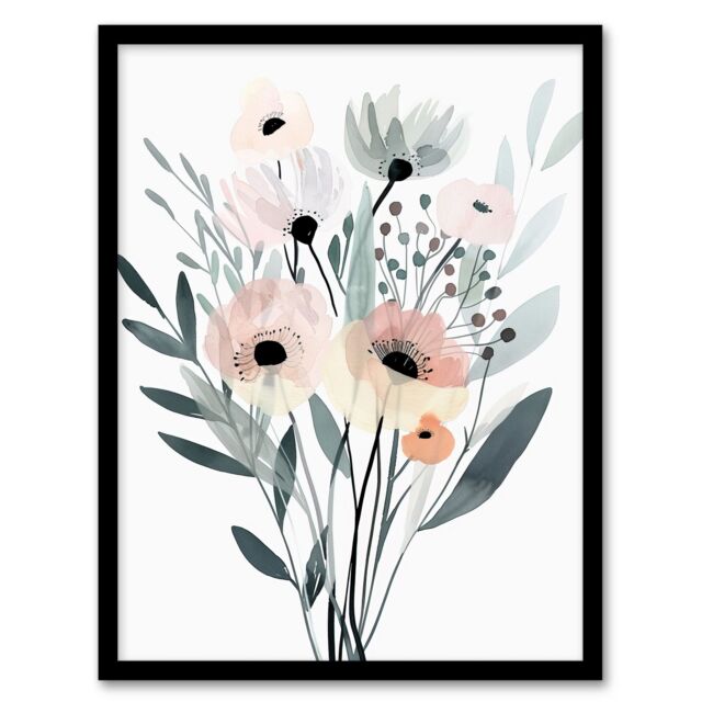 "Artery8 Abstract Pastel Colour Anemone Flower Bouquet Framed Art Print in Pale Green - Size: W12"" x H16""" - image 1