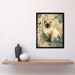 "Artery8 Wall Art Print Blue Point Ragdoll Cat with Teal Plants Art Nouveau Watercolour Art Framed in Beige - Size: W12"" x H16""" - thumbnail 2