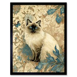 "Artery8 Wall Art Print Blue Point Ragdoll Cat with Teal Plants Art Nouveau Watercolour Art Framed in Beige - Size: W12"" x H16""" - thumbnail 1
