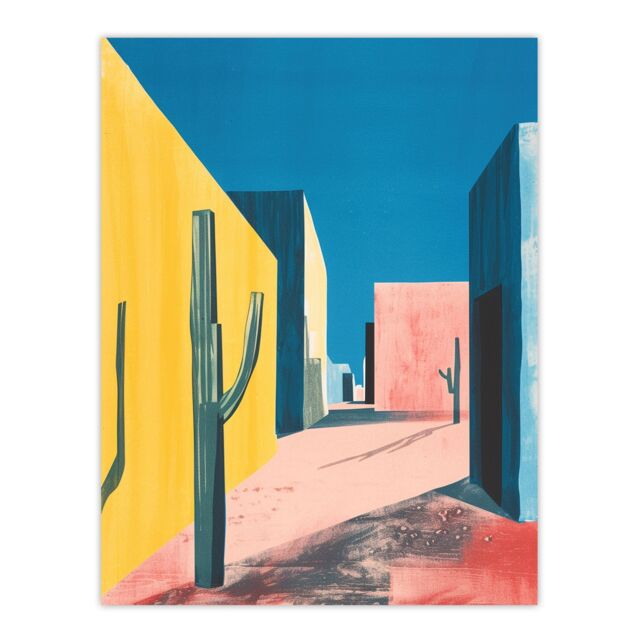 "Artery8 Wall Art Print Colourful Mexican Village Houses & Cacti Poster - Size: W12"" x H16""" - image 1