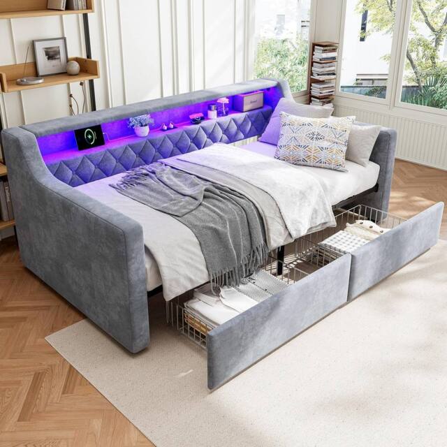 BTM 3FT Velvet Daybed 90x190cm with LED, USB & 2 Drawers in Grey - Size: 90x190 cm - image 1