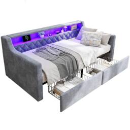 BTM 3FT Velvet Daybed 90x190cm with LED, USB & 2 Drawers in Grey - Size: 90x190 cm - thumbnail 9
