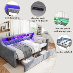 BTM 3FT Velvet Daybed 90x190cm with LED, USB & 2 Drawers in Grey - Size: 90x190 cm - thumbnail 5
