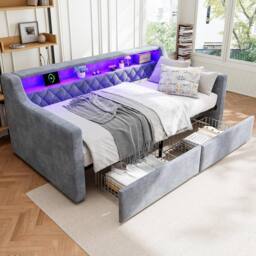 BTM 3FT Velvet Daybed 90x190cm with LED, USB & 2 Drawers in Grey - Size: 90x190 cm - thumbnail 1