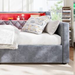 BTM 3FT Velvet Daybed 90x190cm with LED, USB & 2 Drawers in Grey - Size: 90x190 cm - thumbnail 8